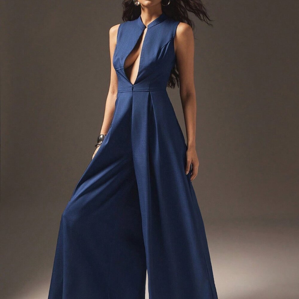 Blue Elegant Women's Wide Leg Zip Front Sleeveless Jumpsuit